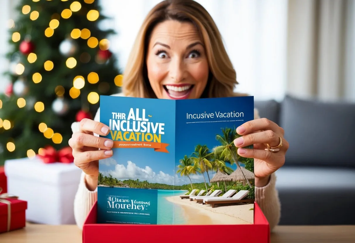 A mother's eyes light up as she opens a gift box revealing a brochure for an all inclusive vacation sparking excitement and anticipation for her next getaway